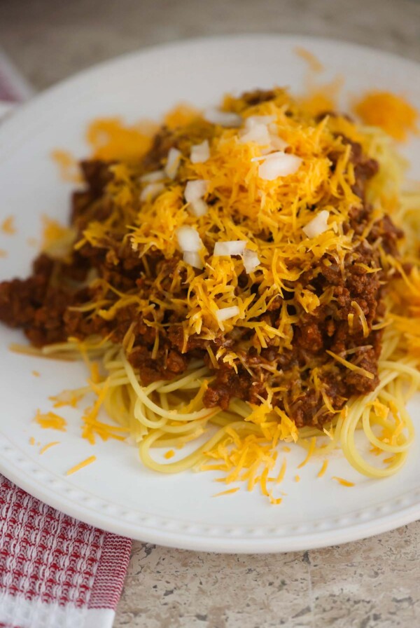 Cincinnati chili on a white plate.