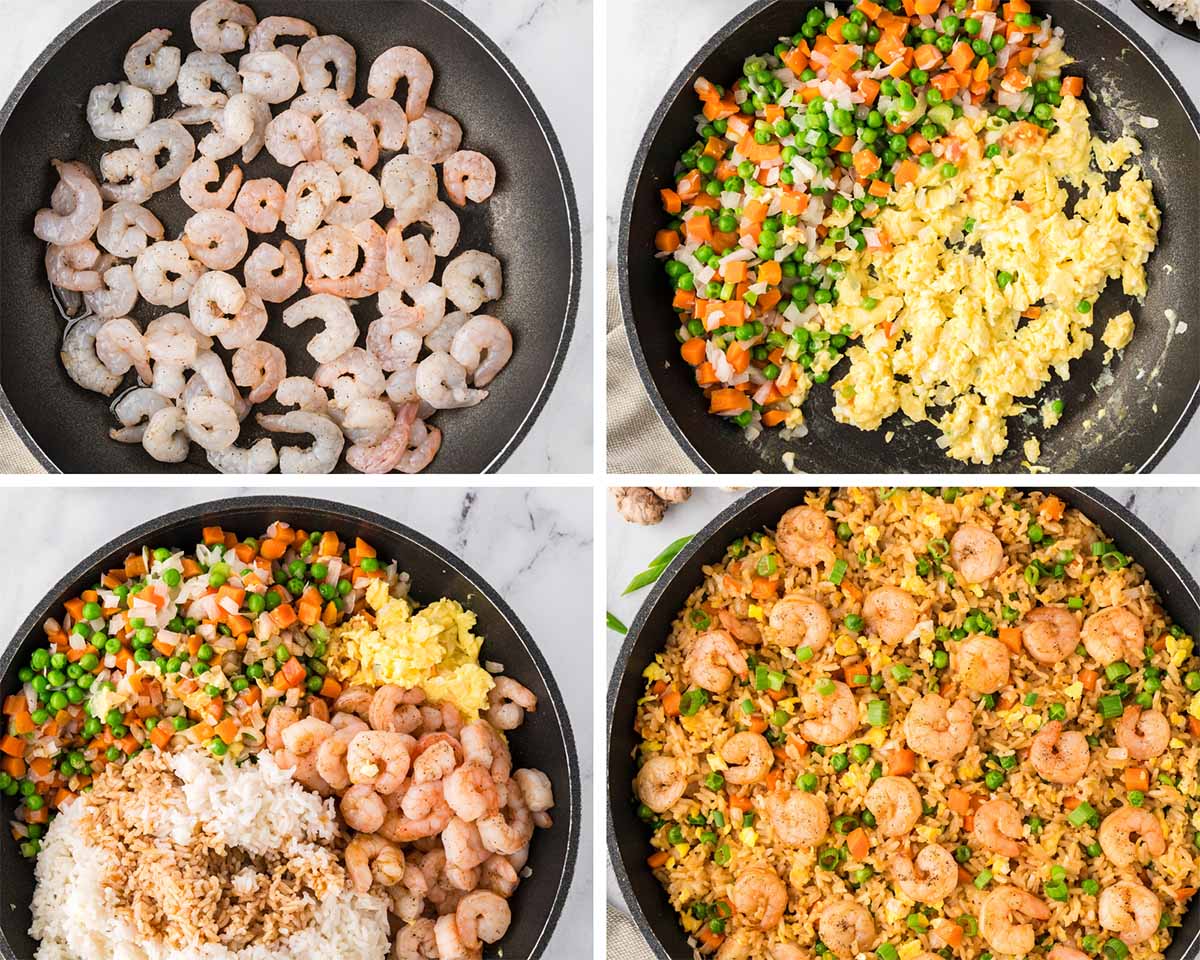four photo collage showing how to make shrimp fried rice.