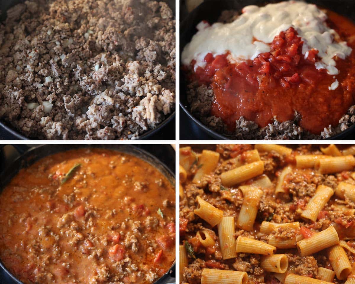 Four photo collage showing how to make baked rigatoni.