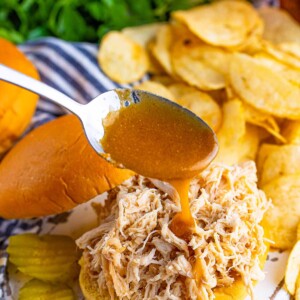 Nashville chicken sandwich with chips and pickles on the side.