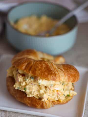 Pimento cheese egg salad on a croissant.