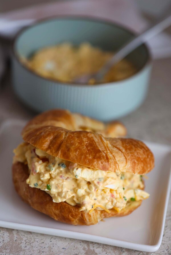 Pimento cheese egg salad on a croissant.