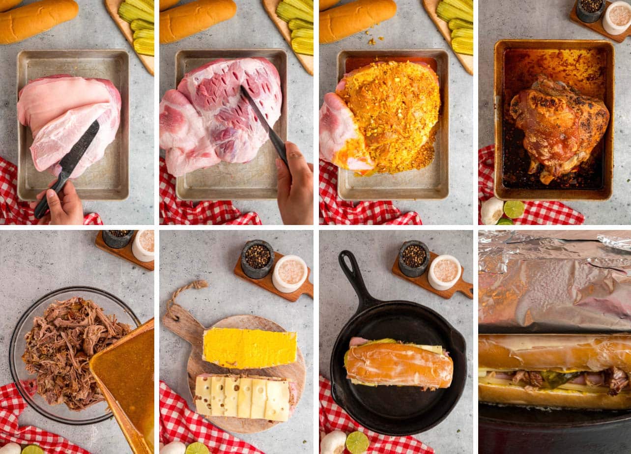 Eight photo collage showing how to season pork, shred it, and assemble the sandwich.