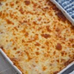 ravioli lasagna in a 9x13 baking dish.