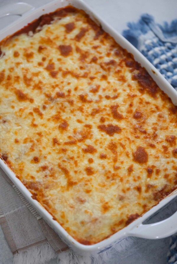 ravioli lasagna in a 9x13 baking dish.