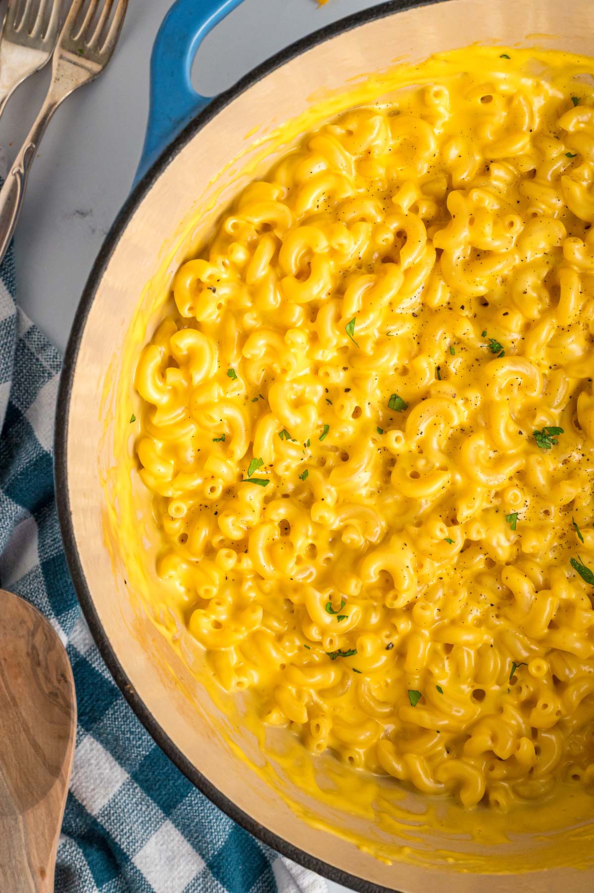 Mac and cheese in a blue dutch oven.