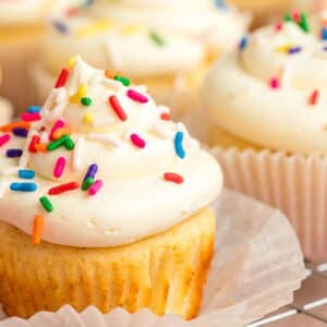 Vanilla cupcake with white frosting and rainbow sprinkles.