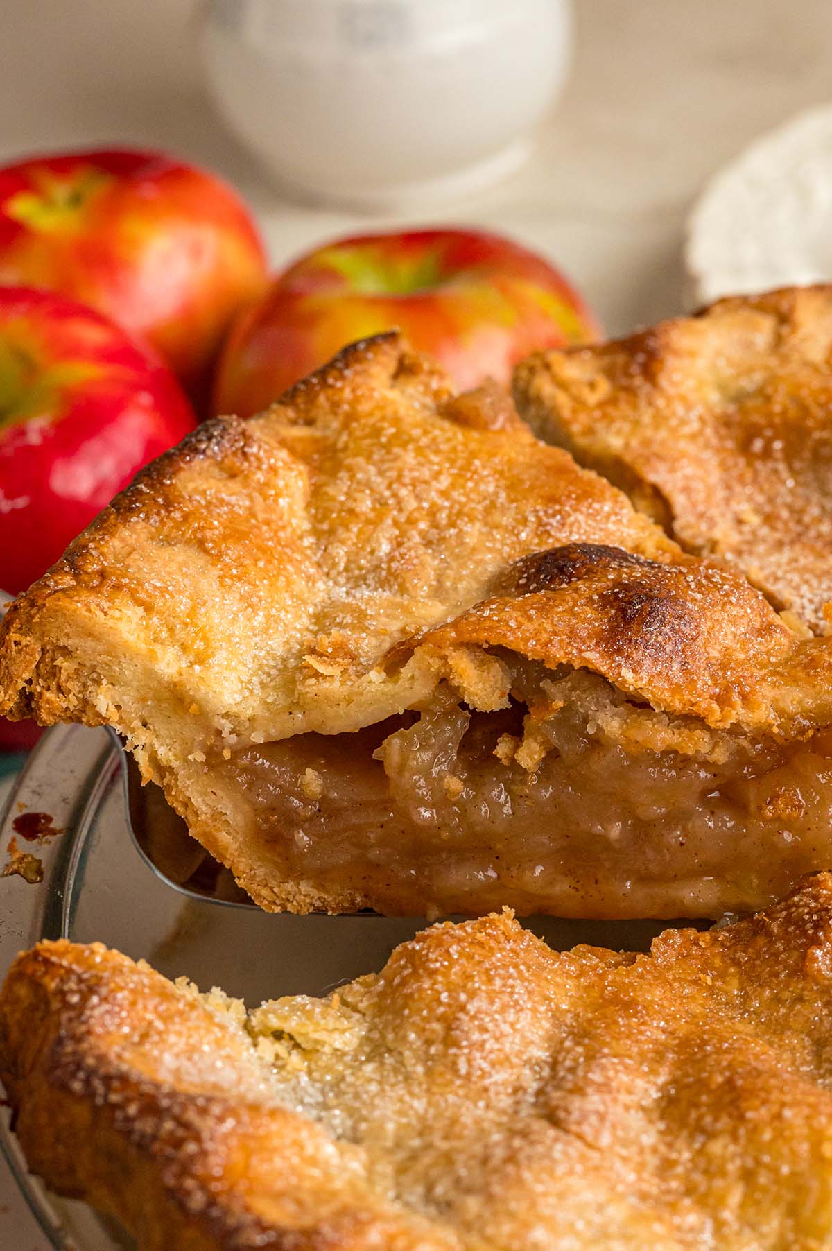 A slice of baked apple pie.