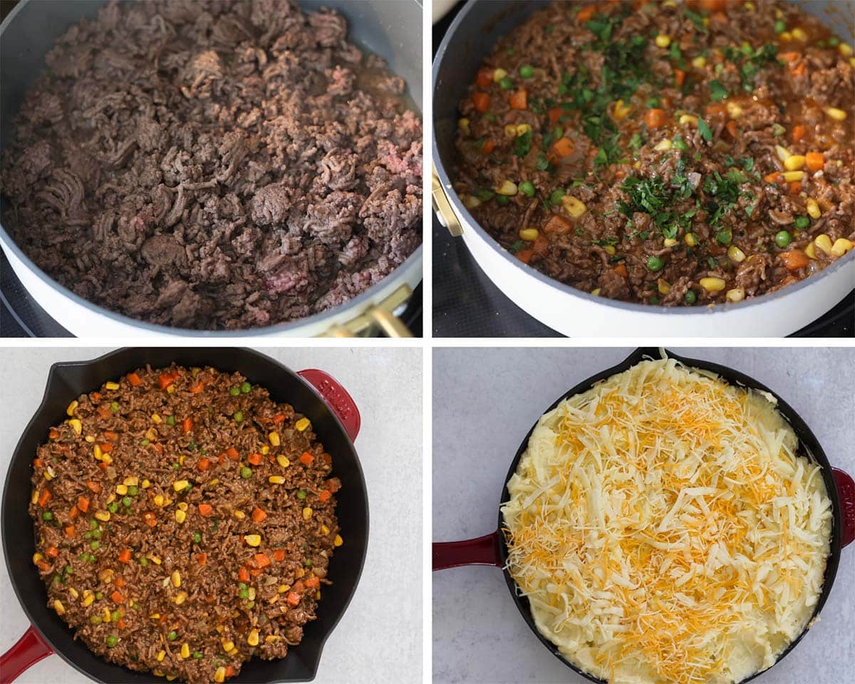 a four photo collage showing how to cook the ground beef and layer the dish. 