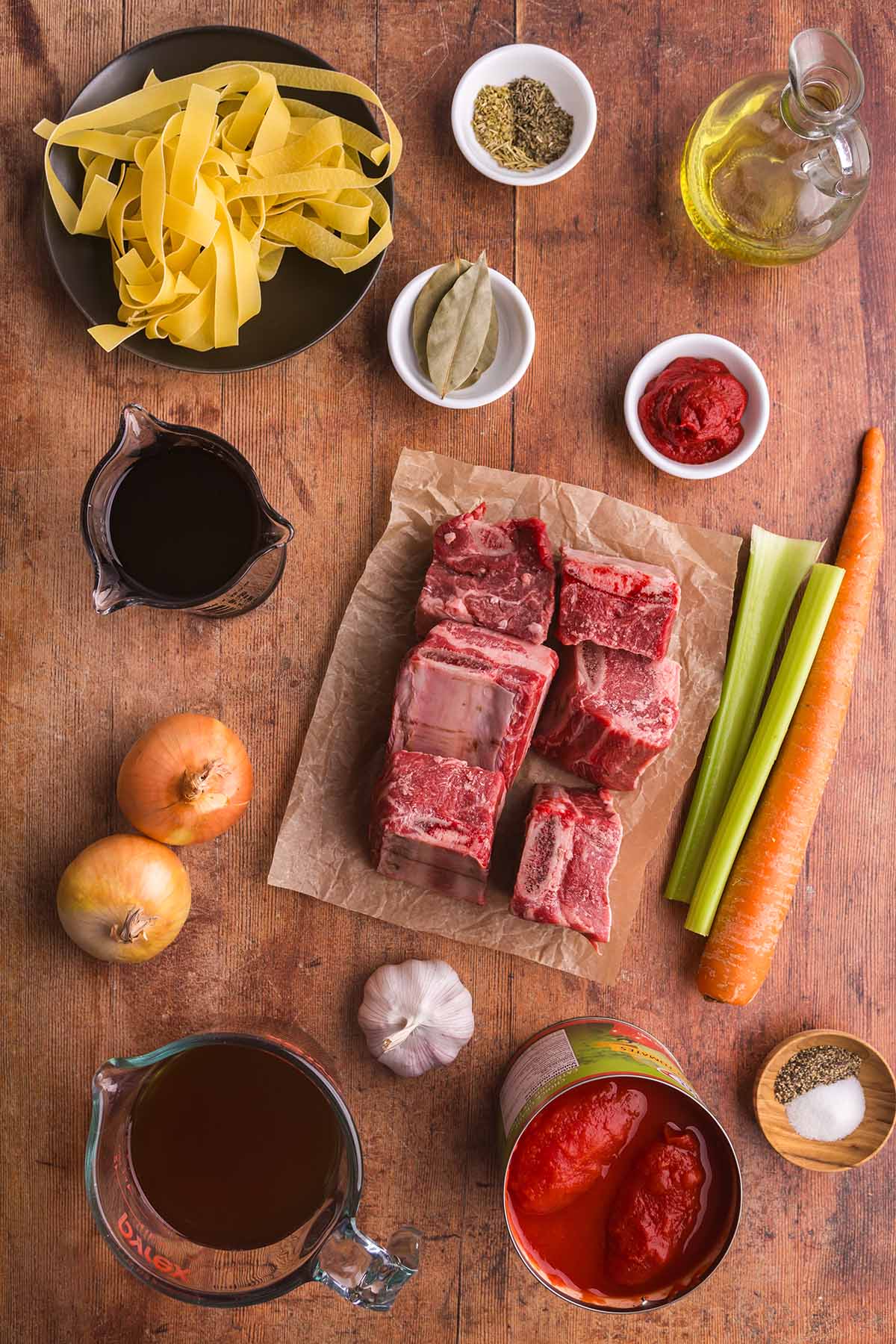 Recipe ingredients on a wooden board. 