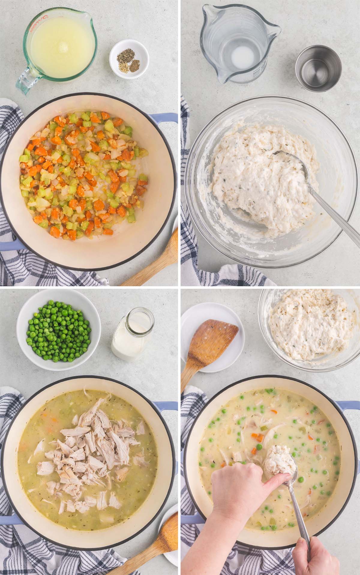 Four photo collage showing how to prepare chicken and dumplings. 