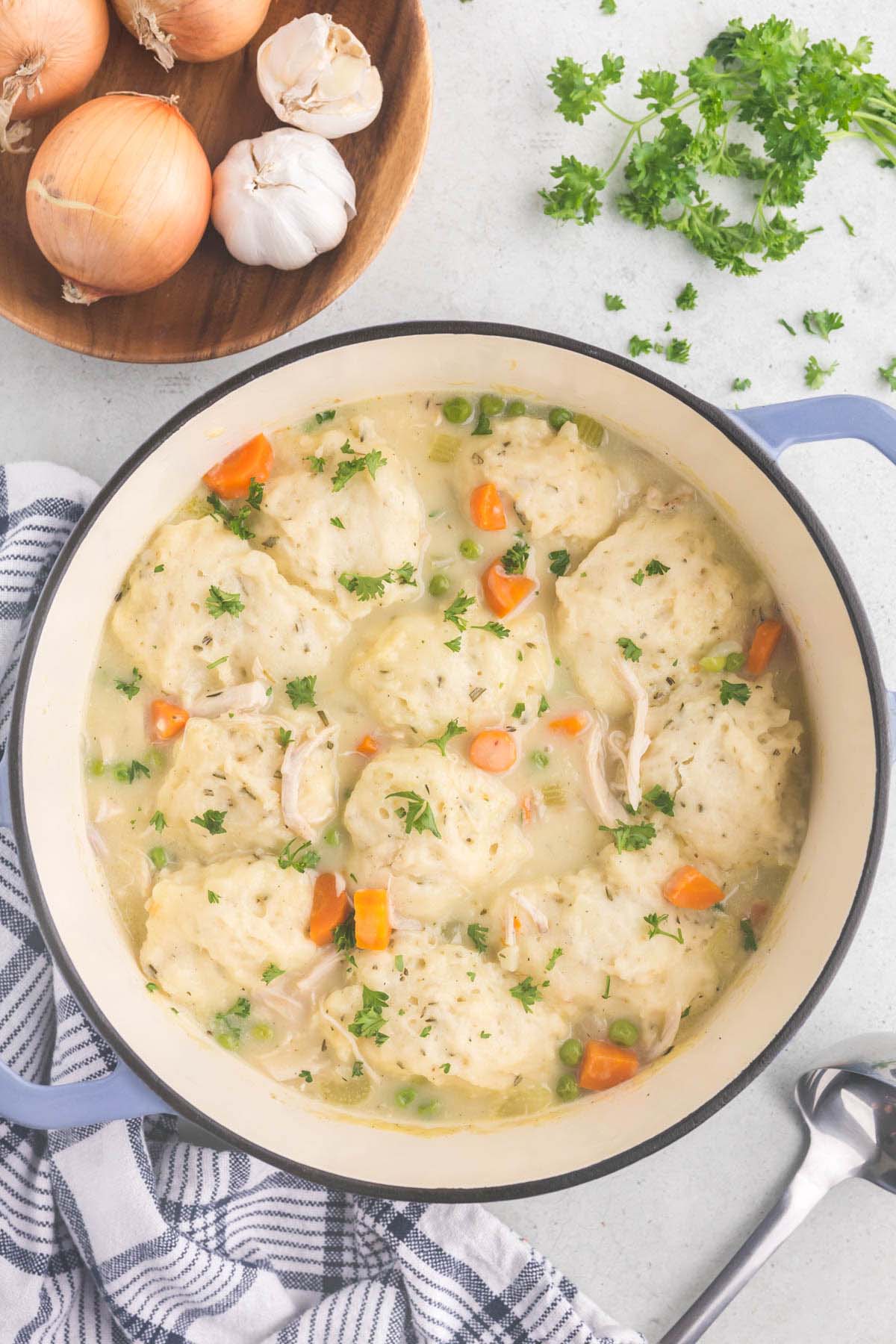 A pot filled with chicken and dumplings with onions, parsley, and garlic on the side.