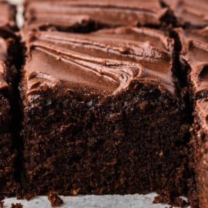 A slice of chocolate wacky cake up close.