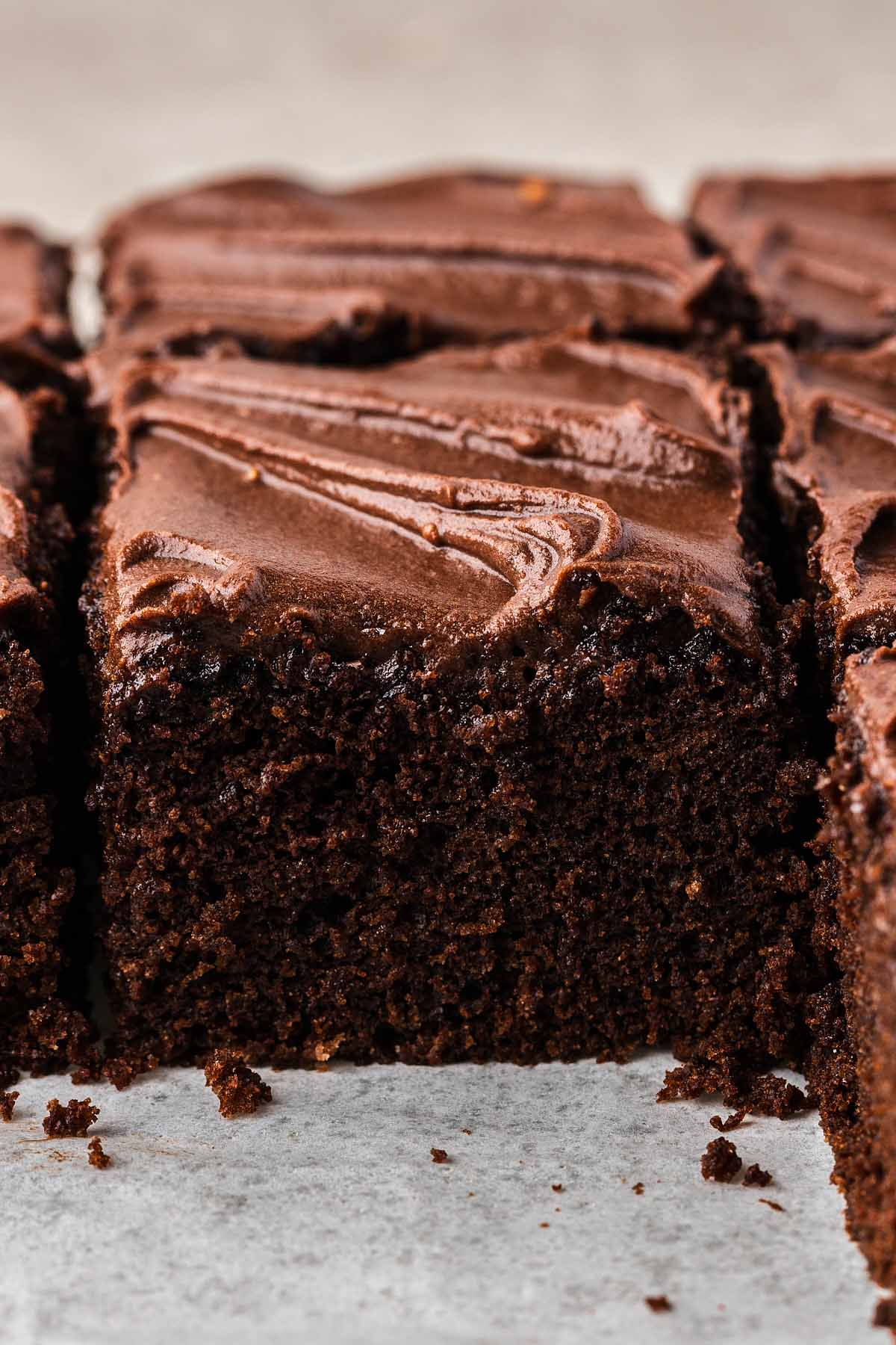 A slice of chocolate wacky cake up close.