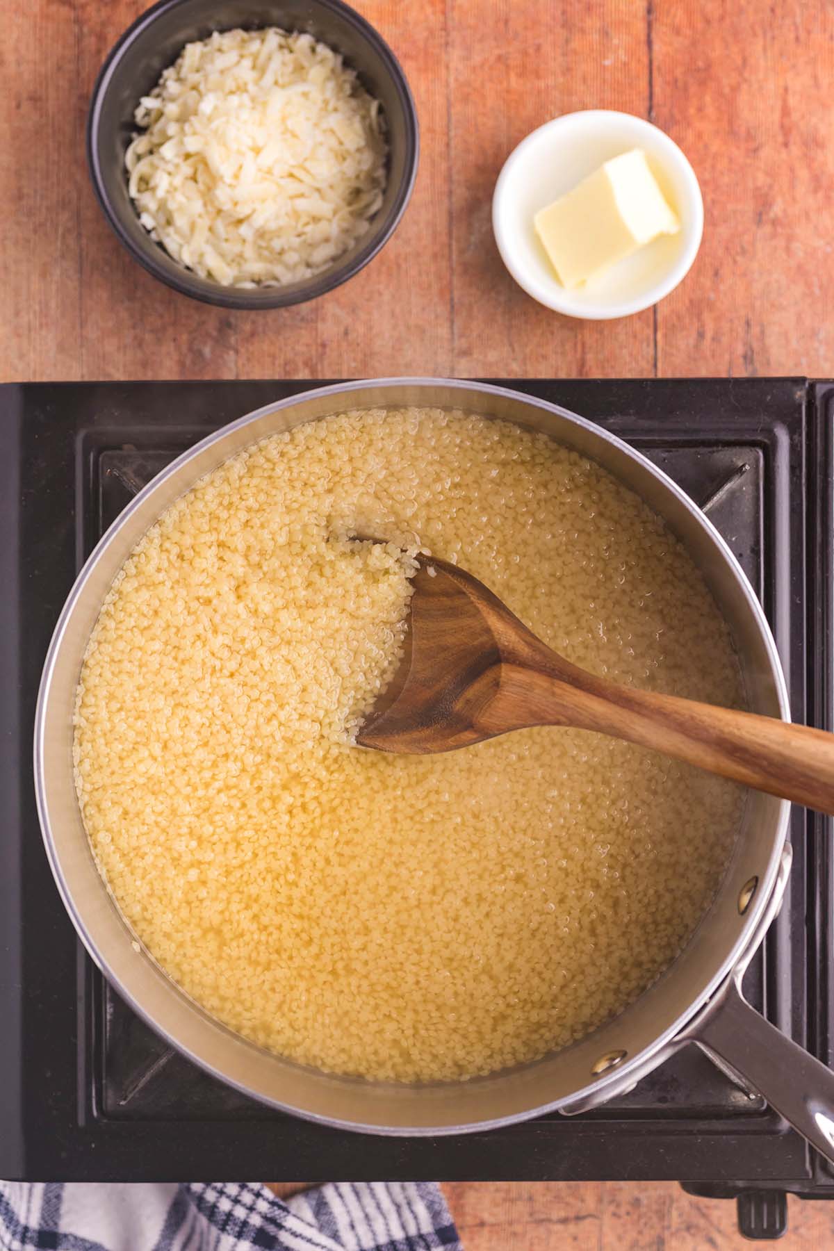 Pastina cooking on the stovetop. 