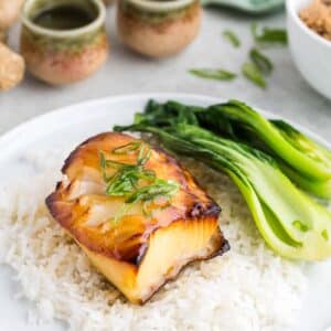 Miso glazed chilean sea bass with white rice and bok choy.