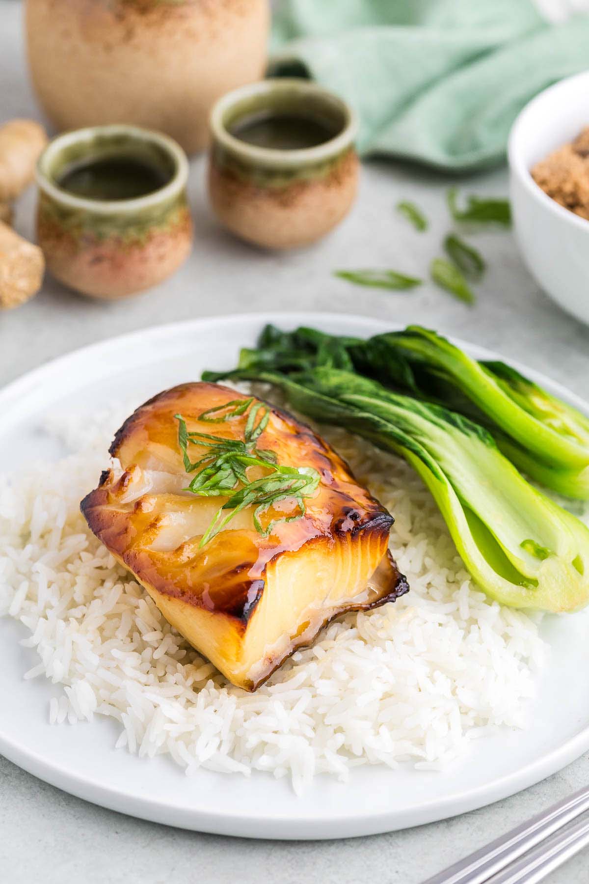 Miso glazed chilean sea bass with white rice and bok choy.