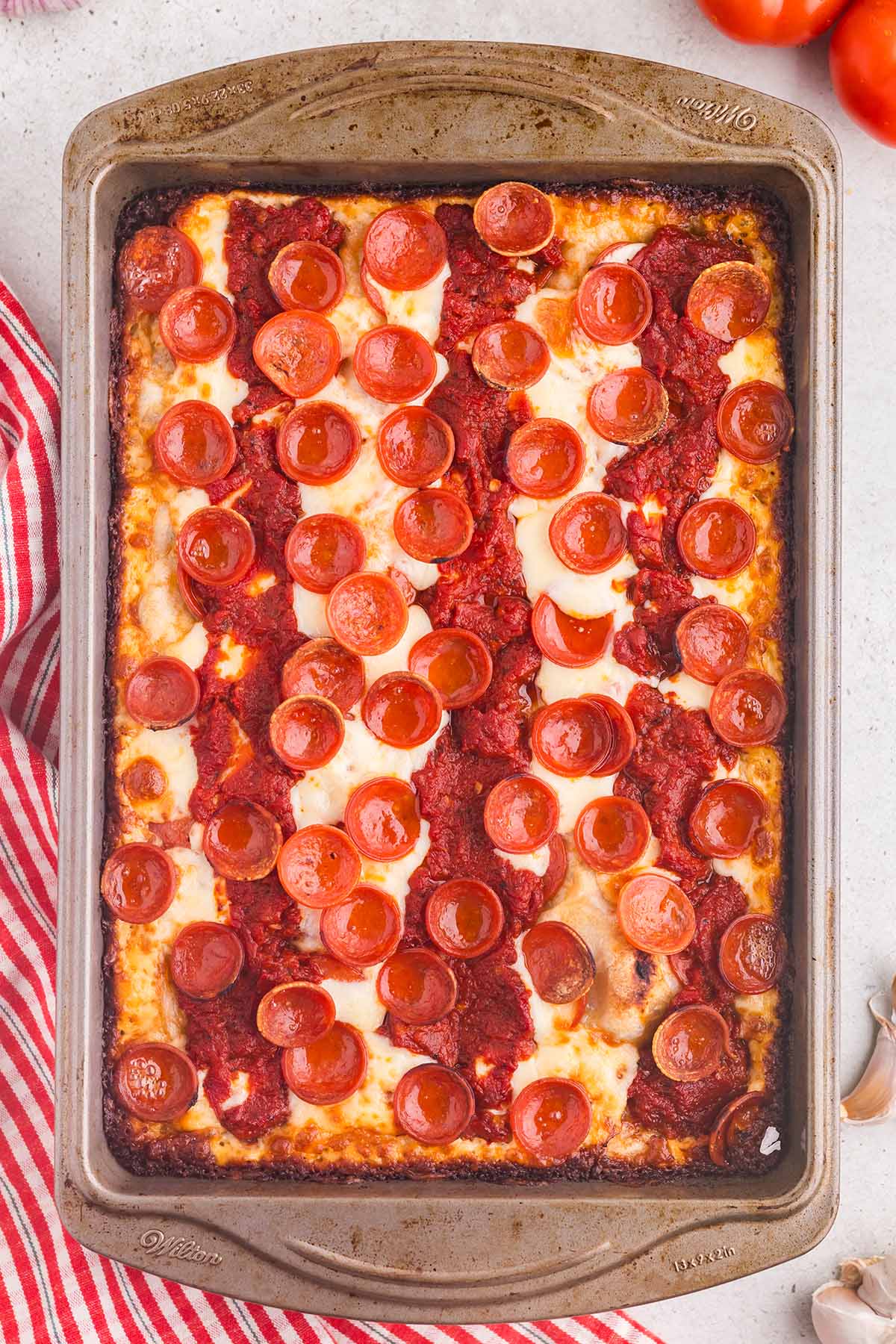 9x13 Detroit pizza with pepperoni.