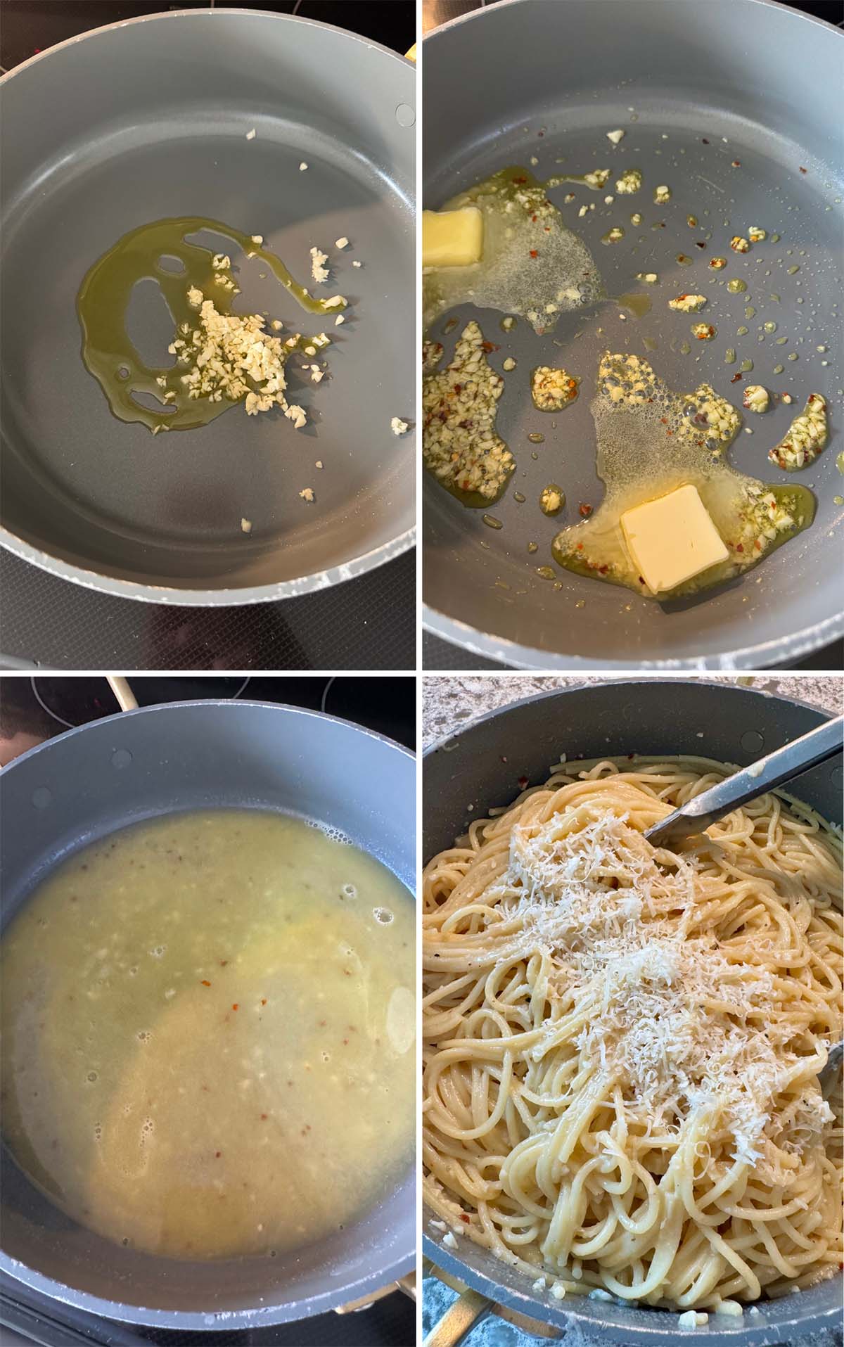 A four-picture collage showing how to cook garlic in butter and mix it with pasta.