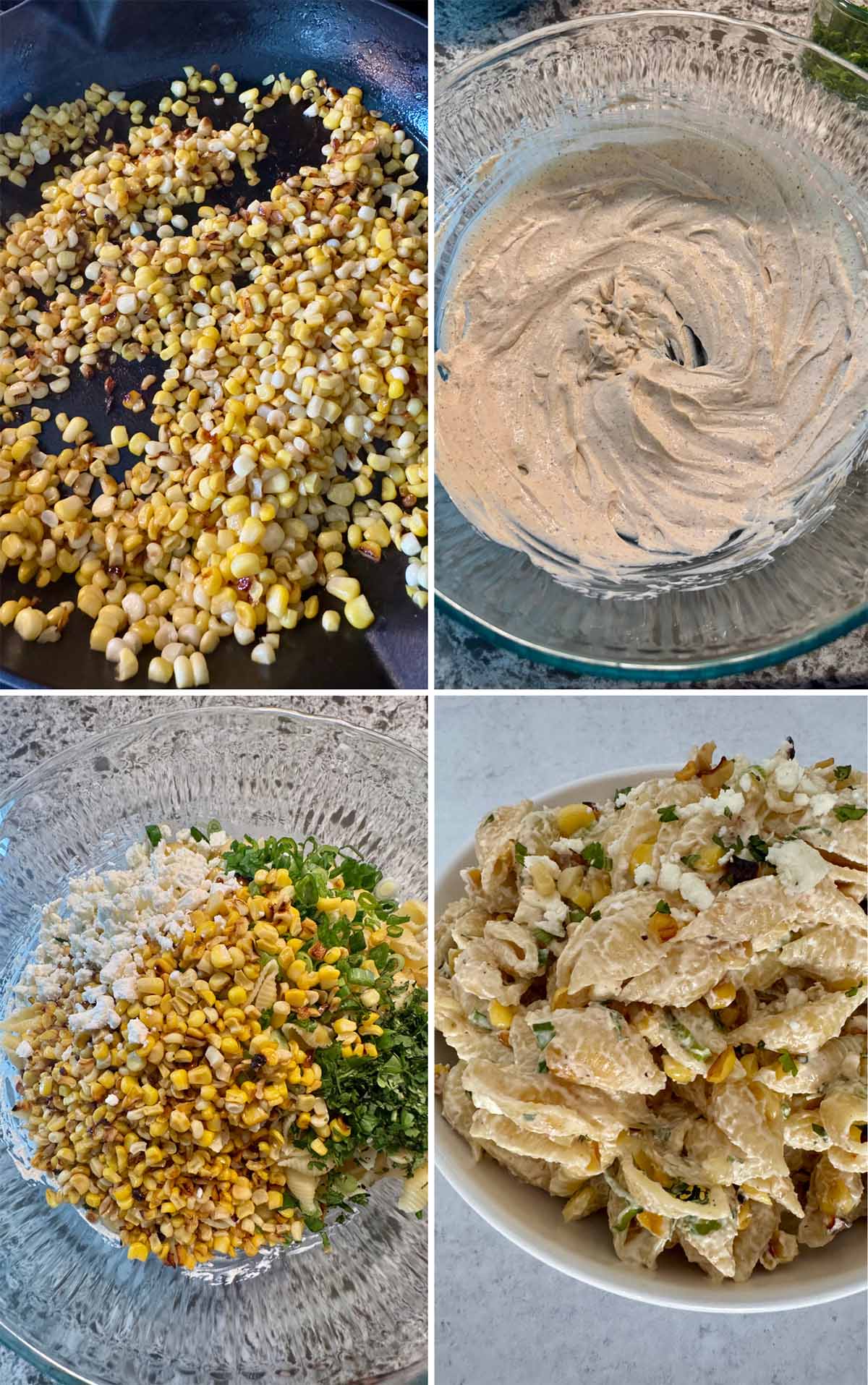 Four photo collage showing how to char corn in a skillet, mix the dressing in a bowl, and mix the pasta salad.