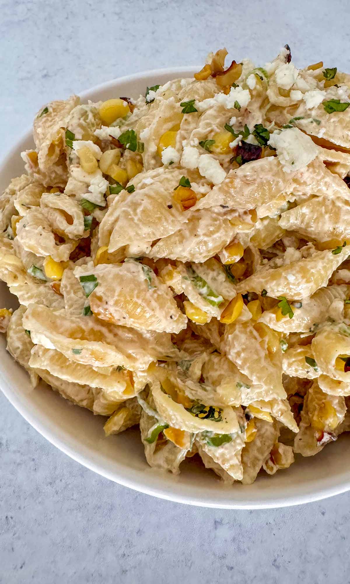elote pasta salad in a bowl up close.
