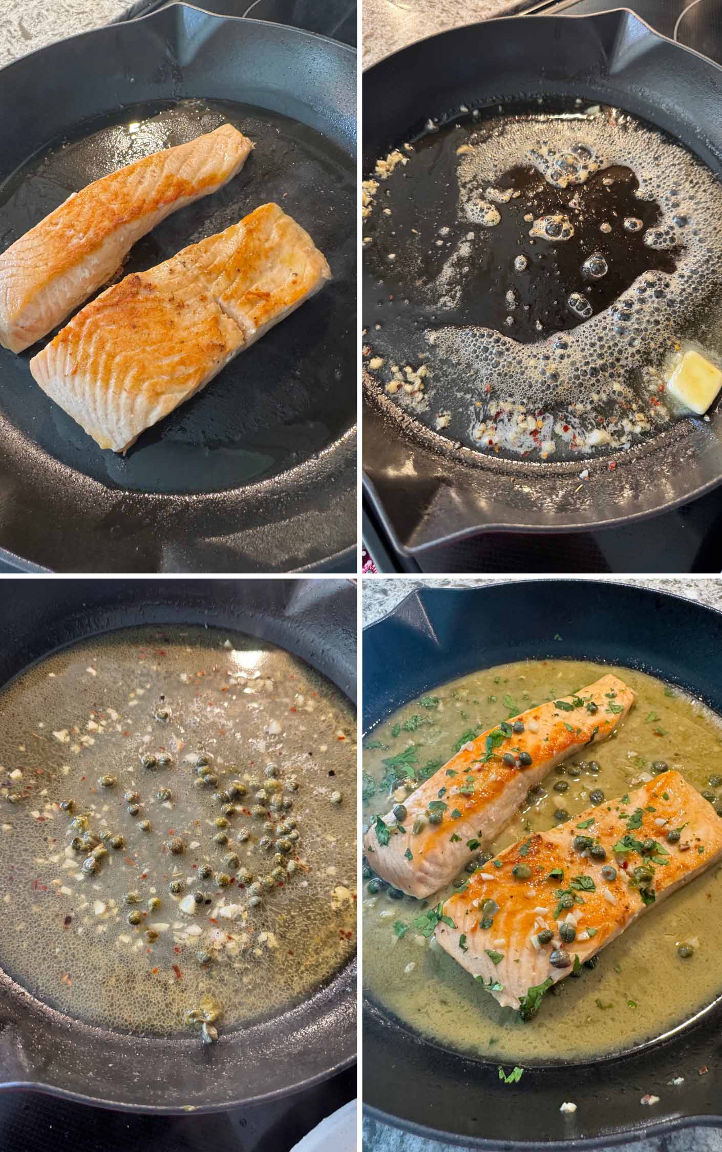 Four photo collage showing how to sear salmon and make the lemon butter sauce. 