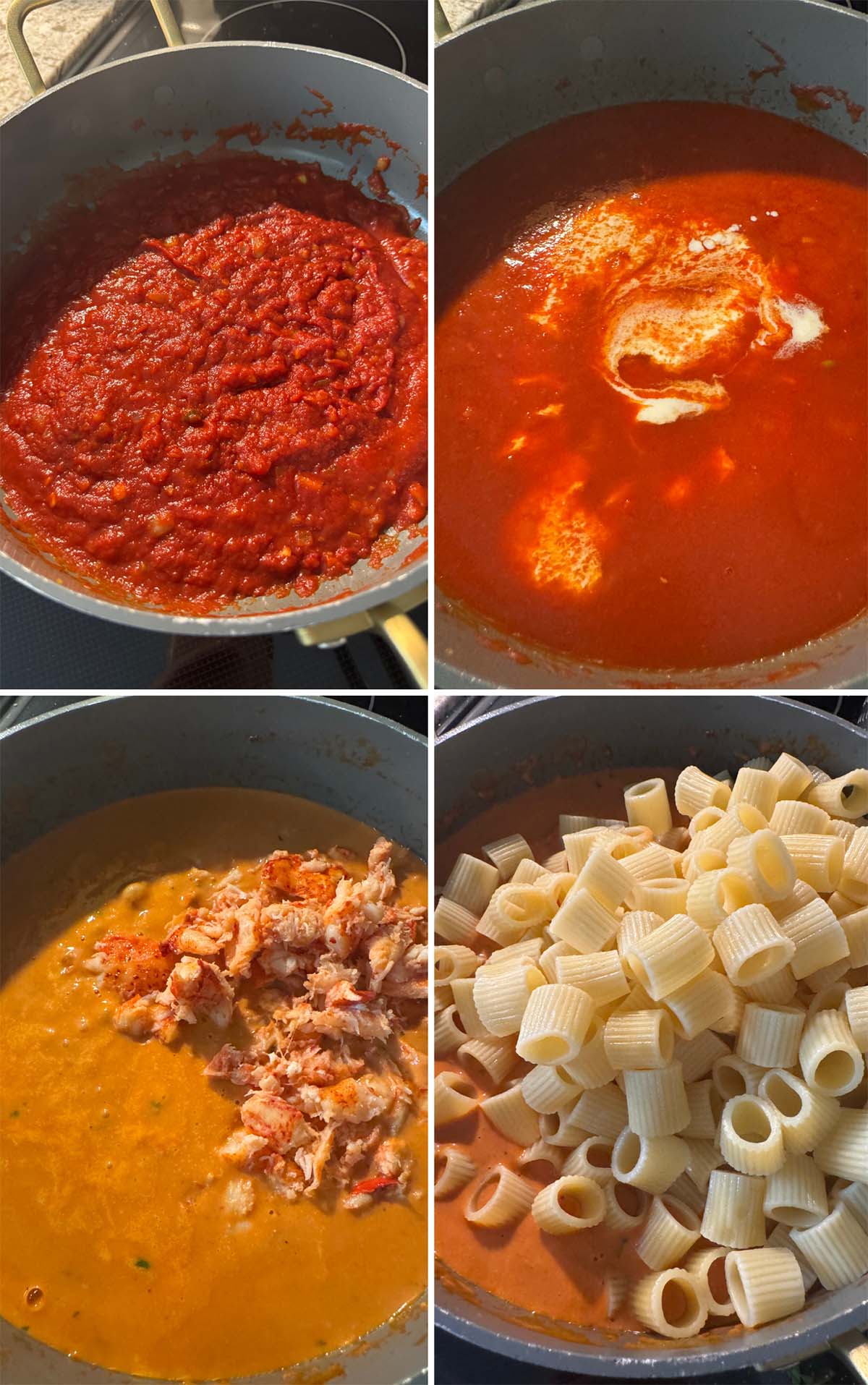 A collage of four photos showing how I made the tomato cream sauce, added the lobster meat, and mixed in the pasta.