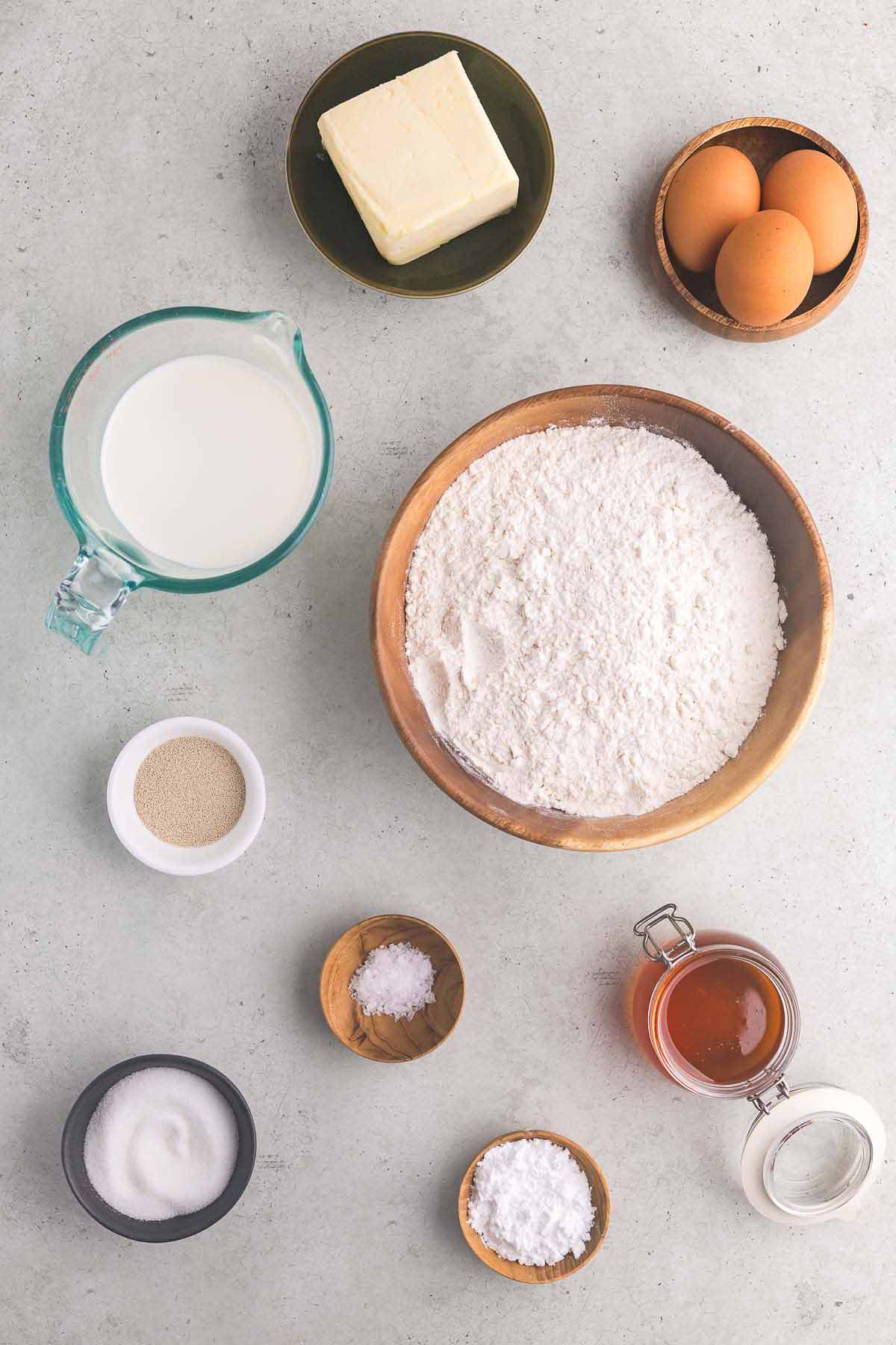 Ingredients to make the rolls and honey butter.
