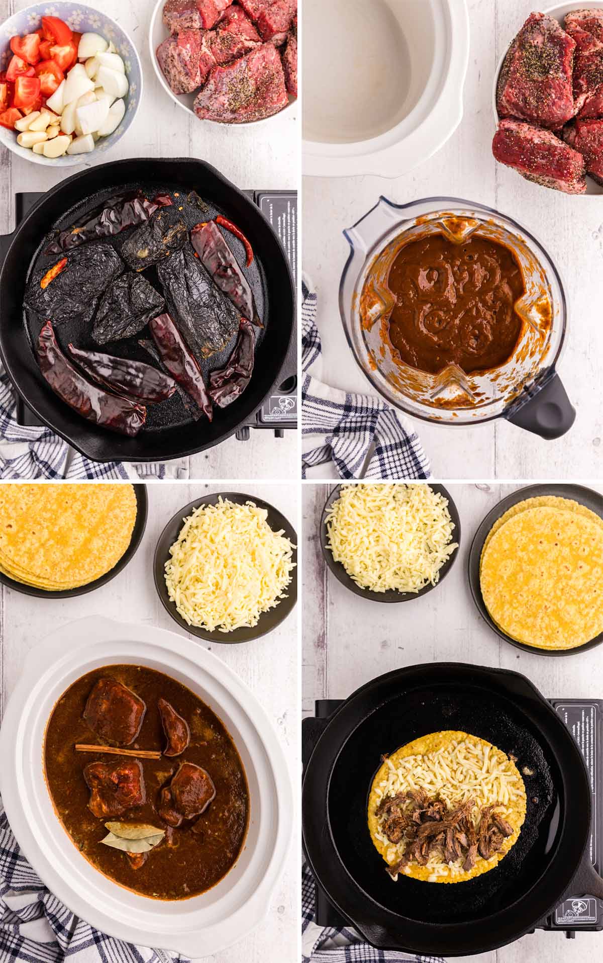 A group of four photos showing: toasting the chilies, blending the sauce, cooking the meat and sauce in a slow cooker, and cooking a taco in a cast iron pan on the stove.
