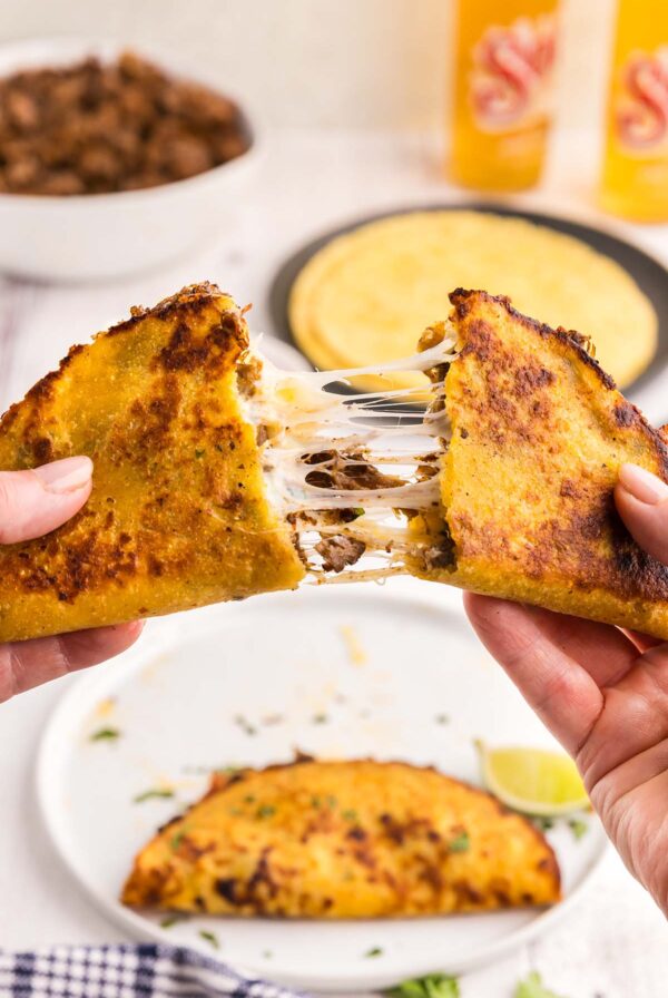 A hand holding up a birria taco with cheese.