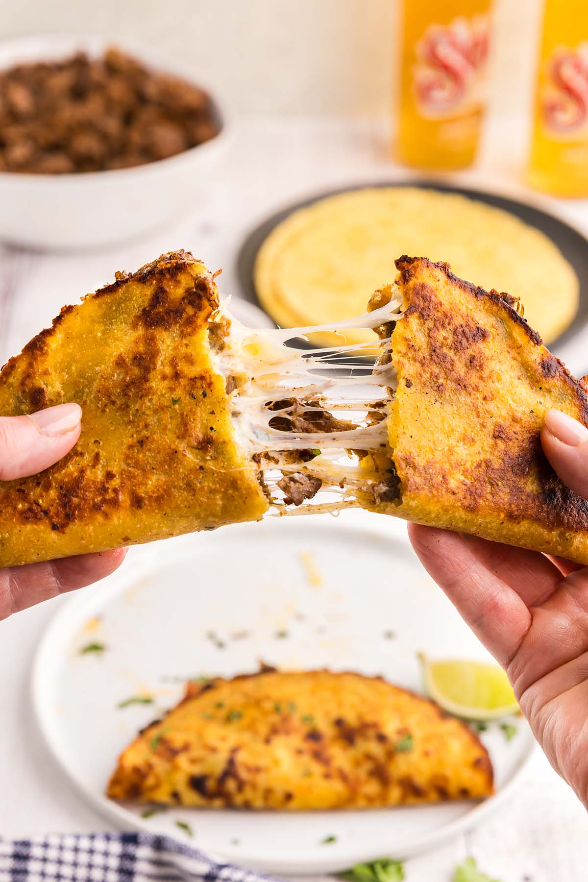 A hand holding up a birria taco with cheese.