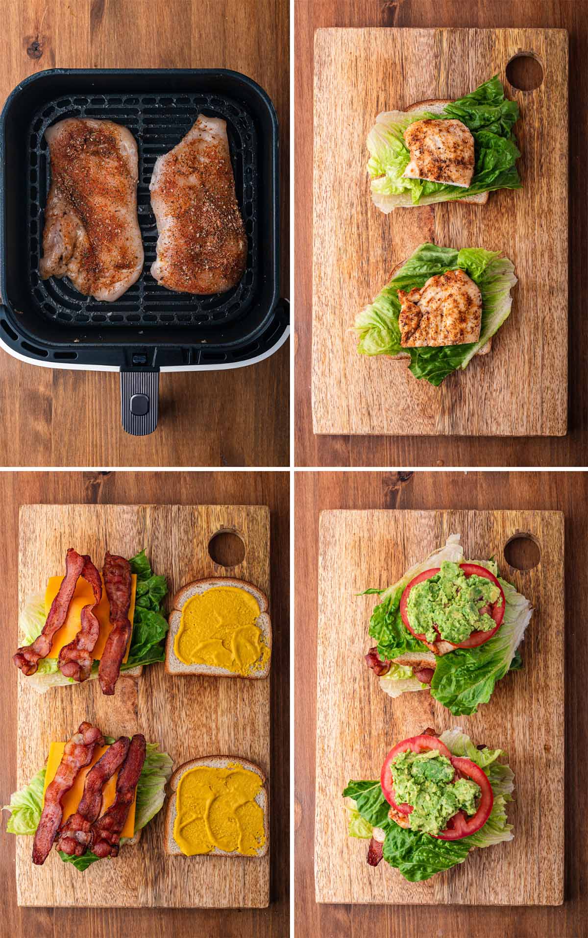 A four photo collage showing how to assemble a chicken club sandwich. 