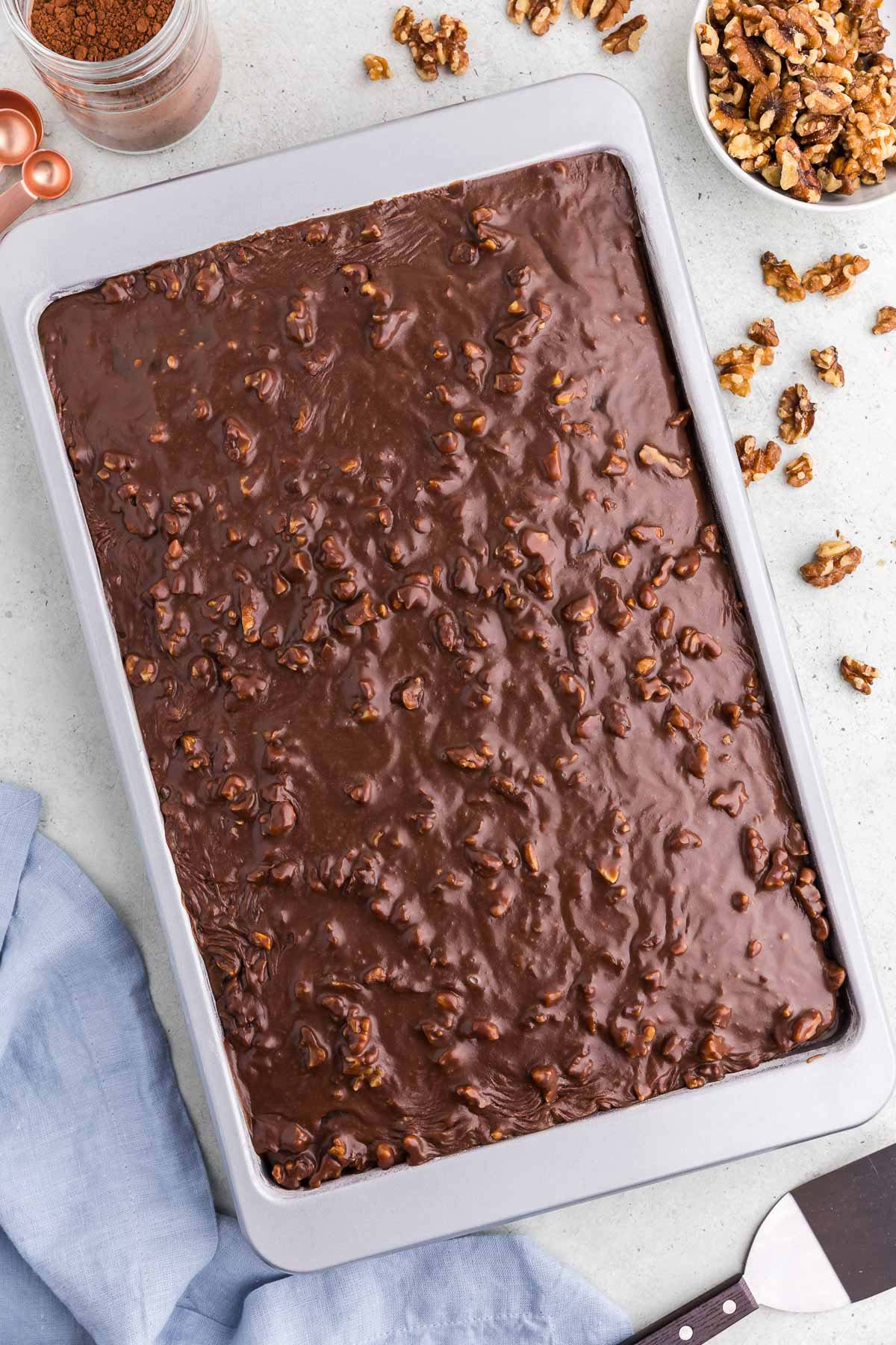 A 9x13 chocolate cake with frosting and walnuts.