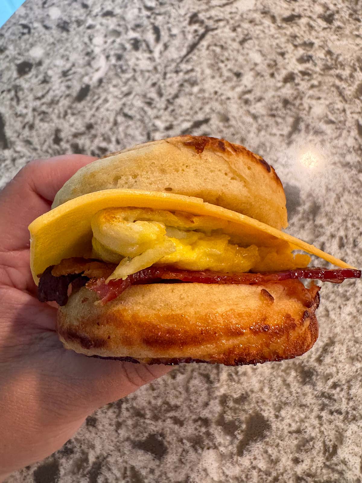 A hand holding a McGriddle sandwich.
