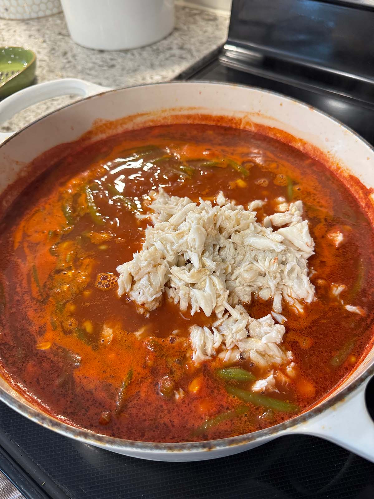 Soup cooking on the stovetop. 