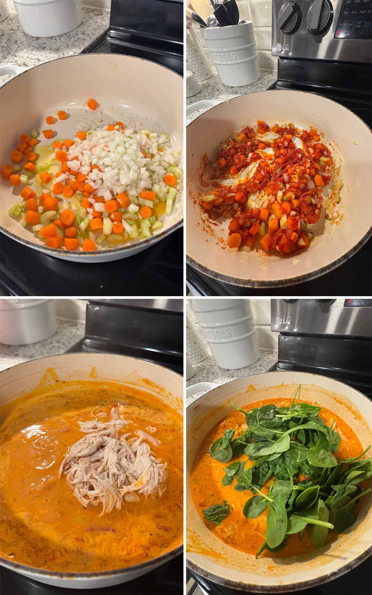4-photo collage showing veggies sautéing, chicken added, spinach added, all in a soup pot.