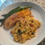 Orzo with salmon and asparagus.