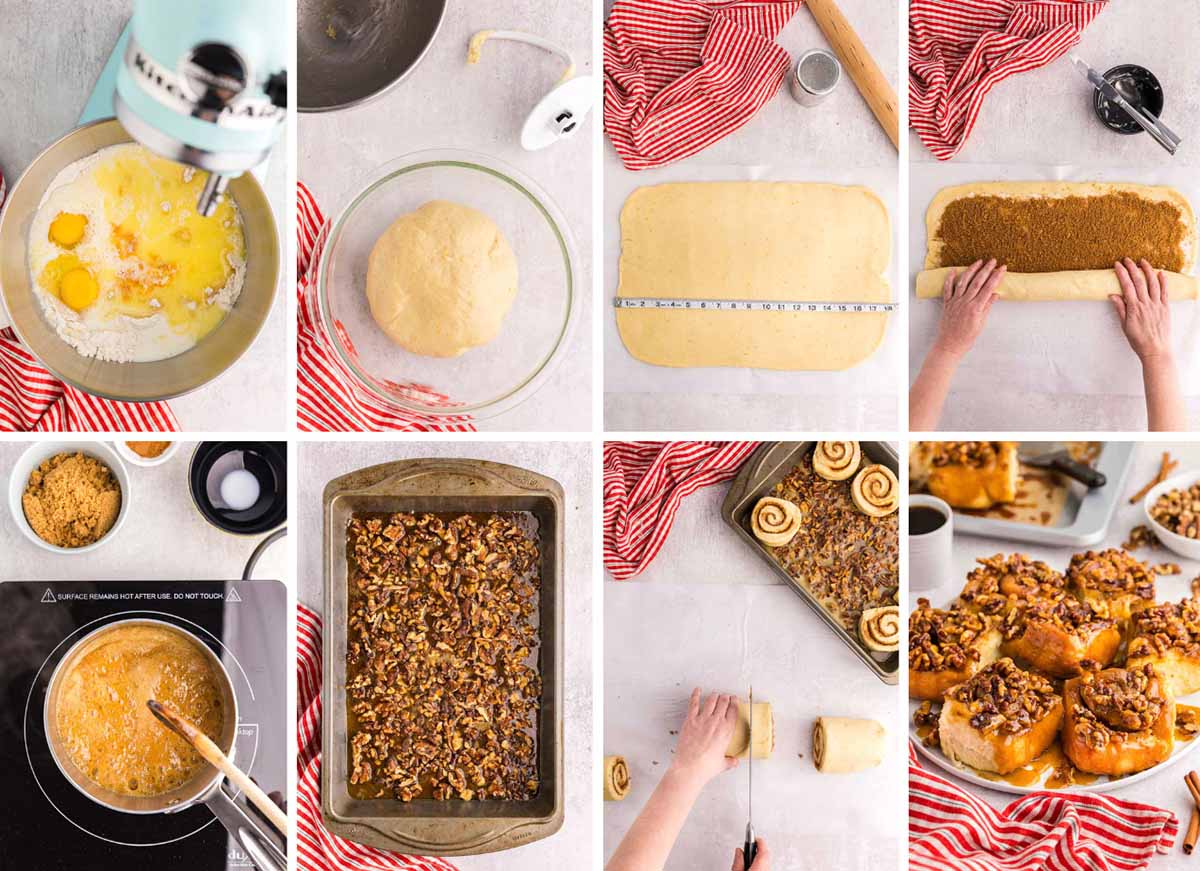 8 photo collage showing how to make sticky buns from scratch.