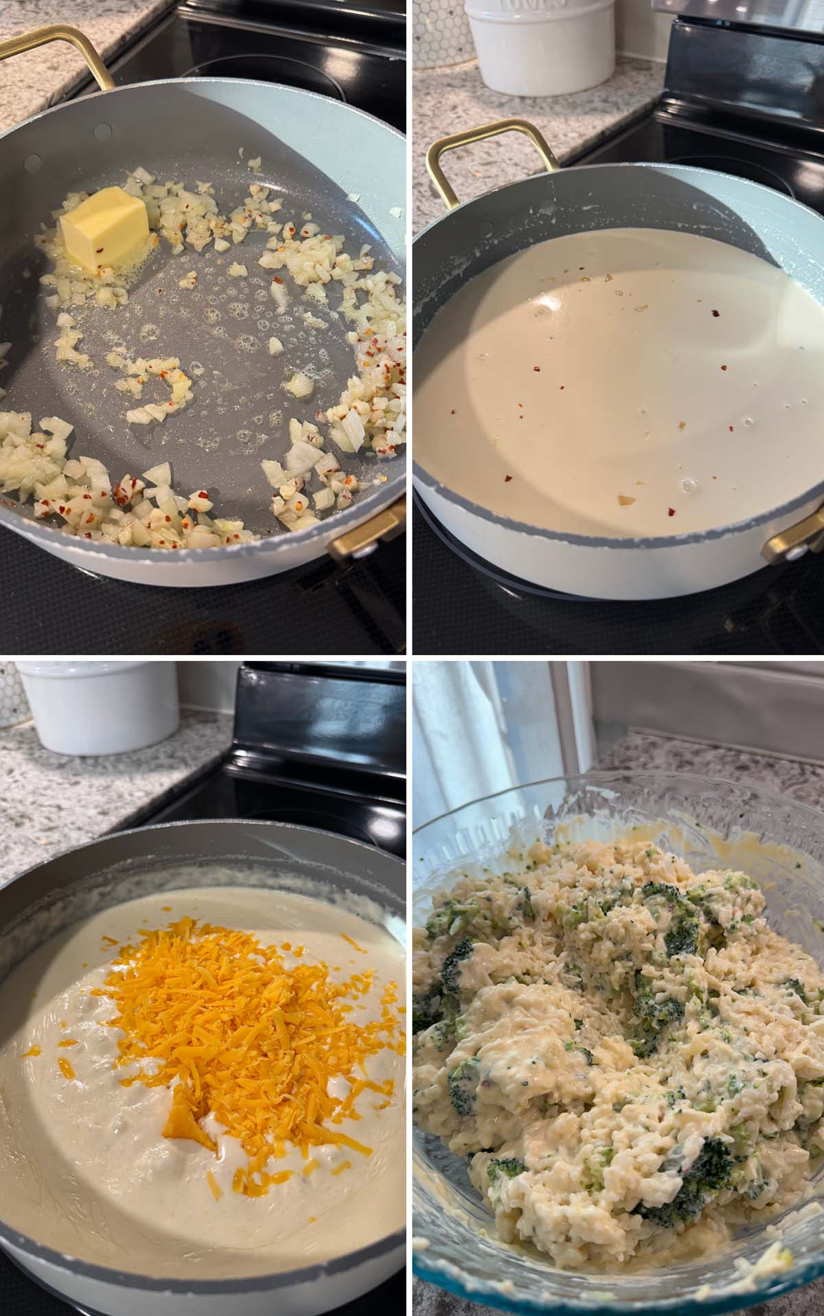 four photo collage showing how to make broccoli rice casserole.