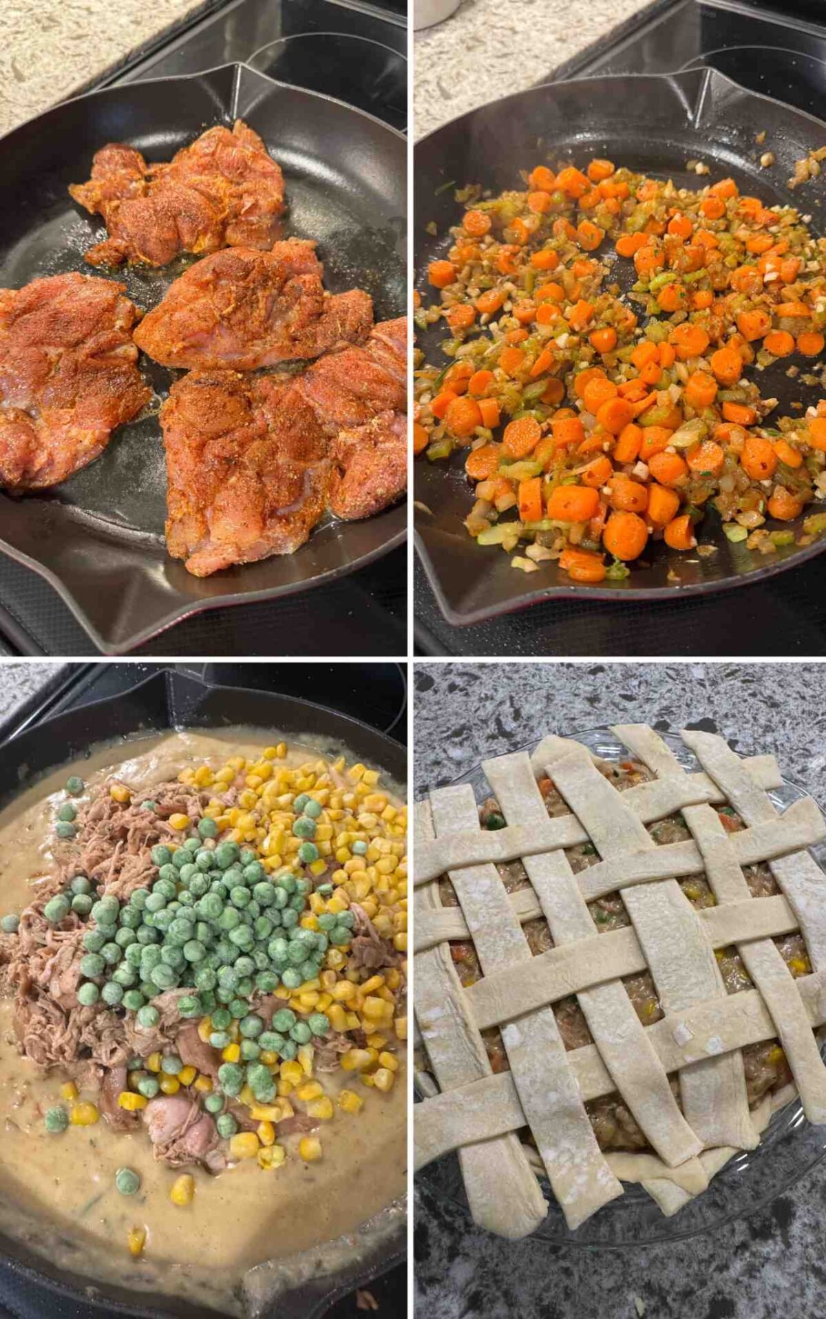 four photo showing how to cook chicken pot pie.