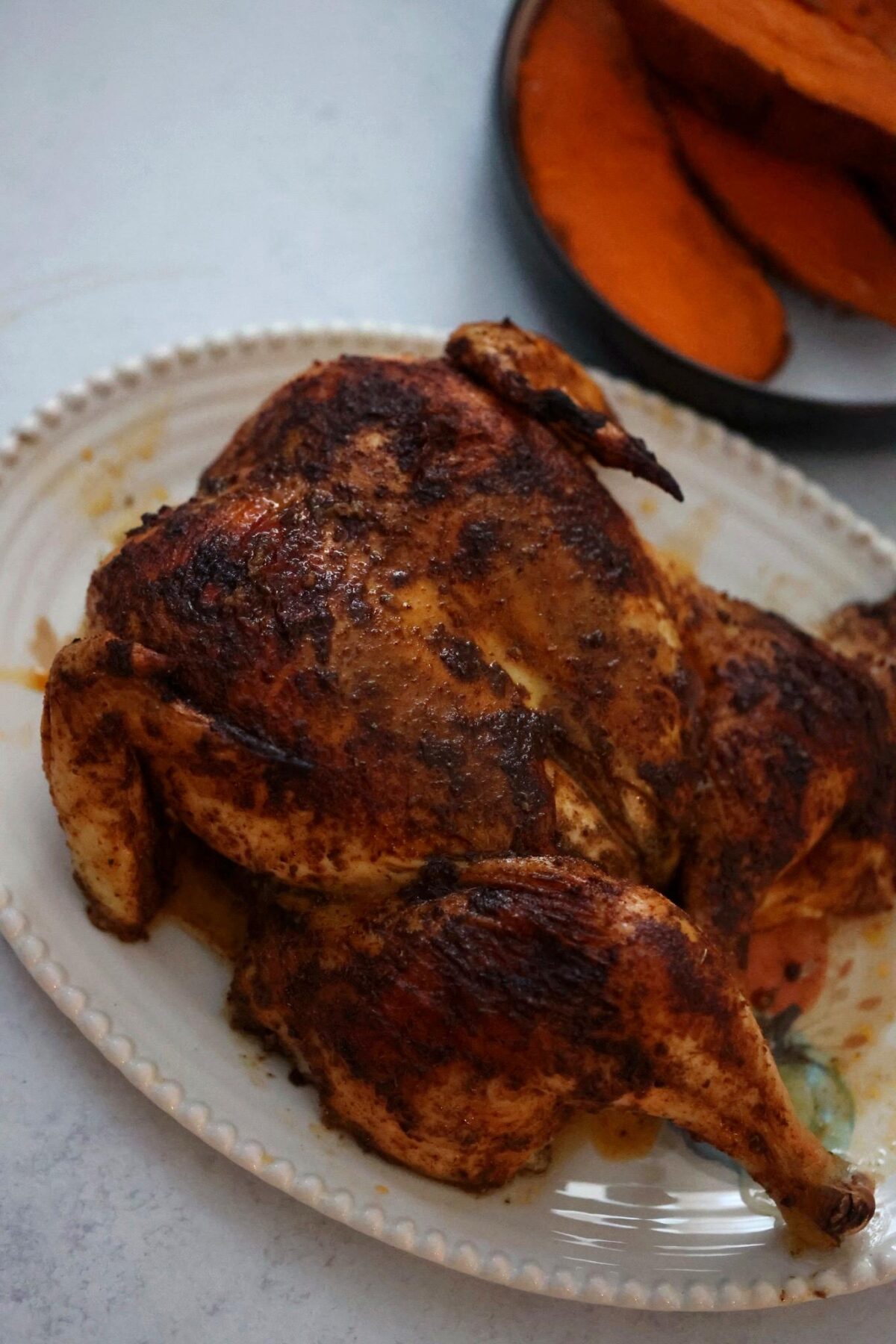 cooked spatchcock chicken up close.