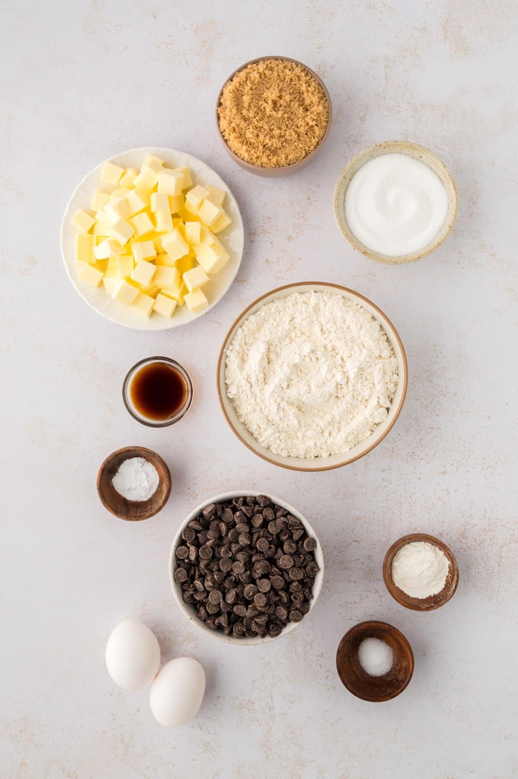 flour, butter, brown sugar, sugar, eggs, vanilla, cornstarch, baking soda, salt, and chocolate chips.