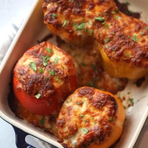 Four cheesy stuffed bell peppers filled with beef, cheese, and rice.