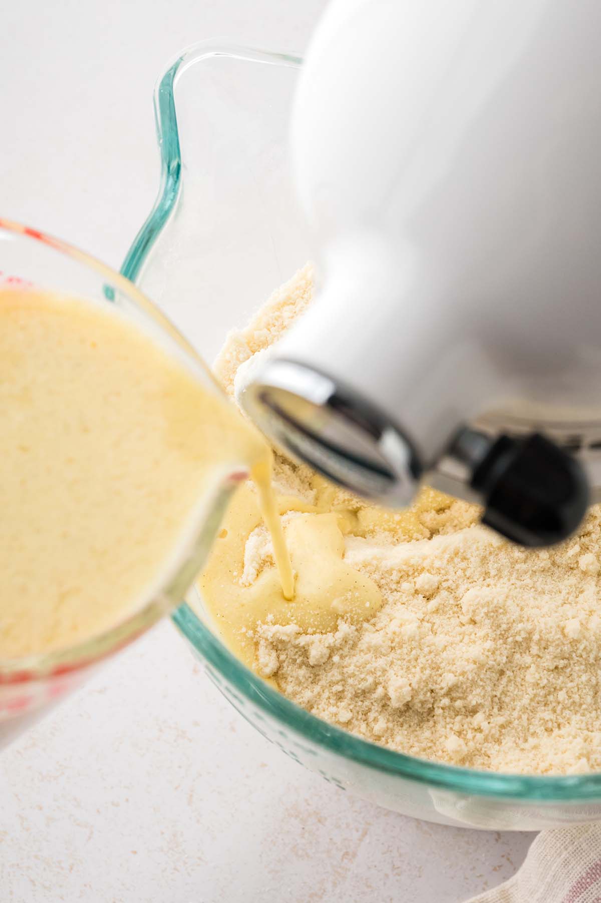 Wet ingredients poured into the dry ingredients.