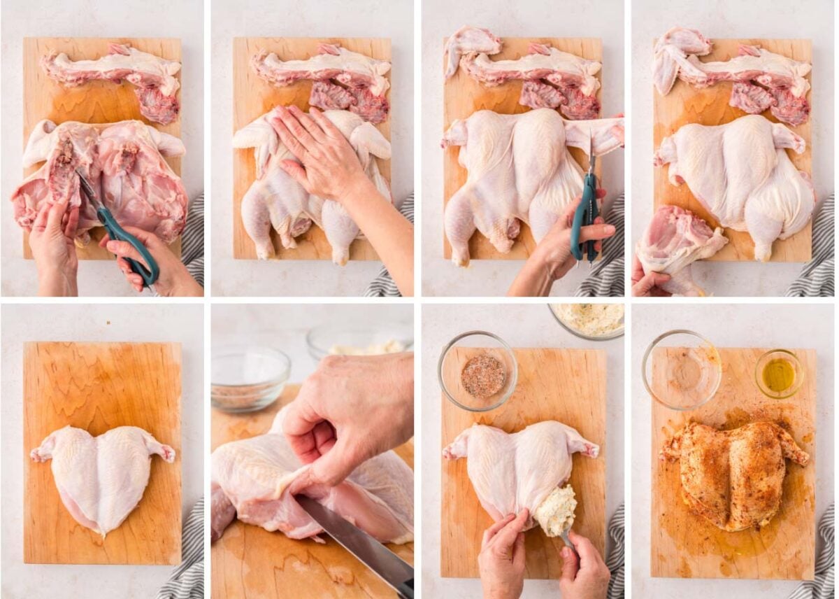 eight photo collage showing how to butterfly the chicken, season it, and stuff it.