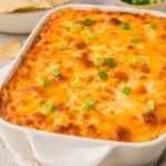baked buffalo chicken dip in a white baking dish.