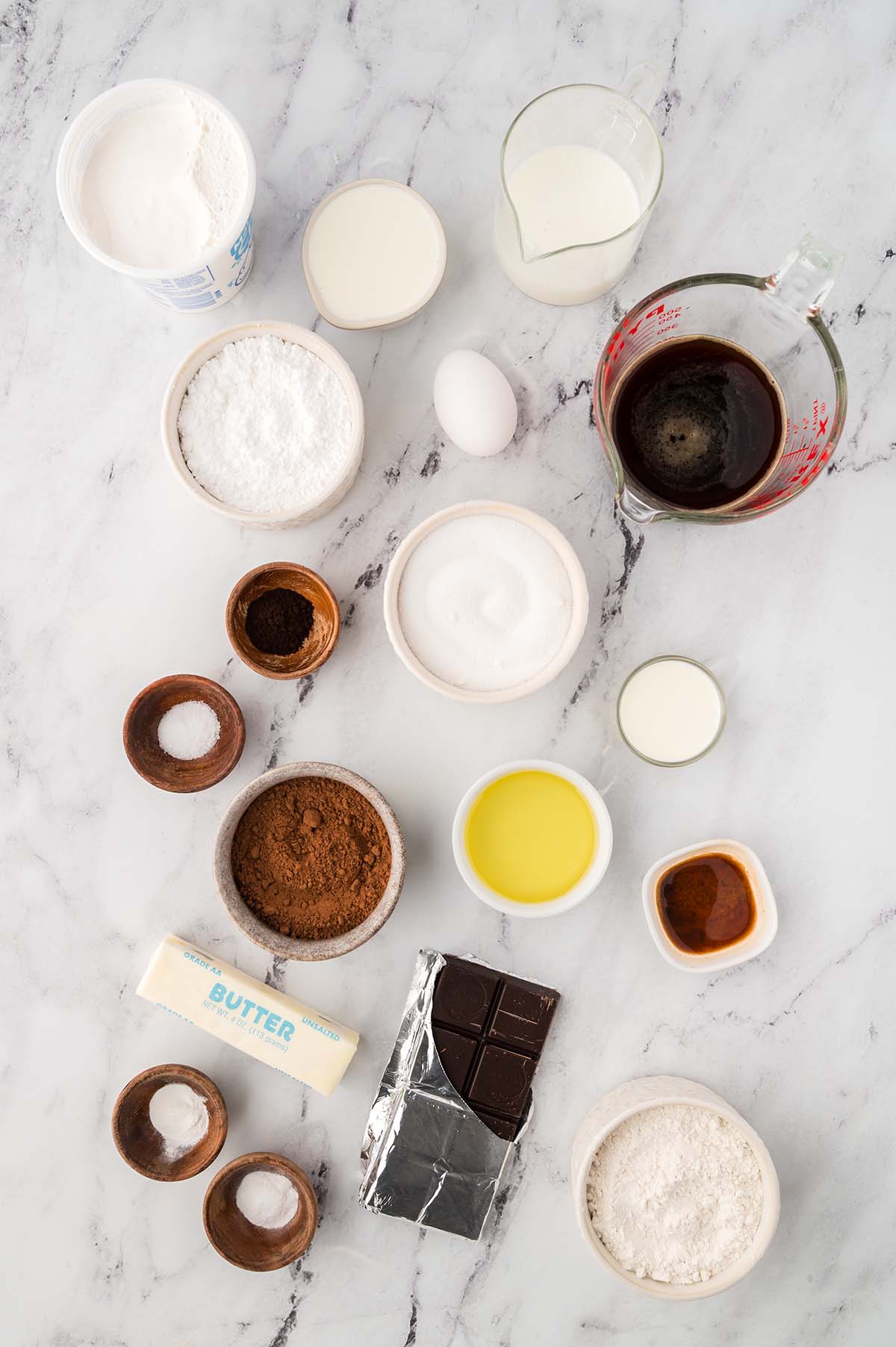 ingredients for chocolate cupcakes, ganache, and marshmallow cream.