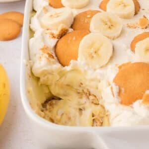 banana pudding in a white dish.