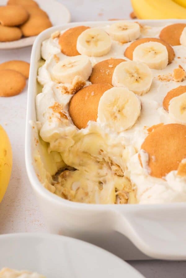 banana pudding in a white dish.