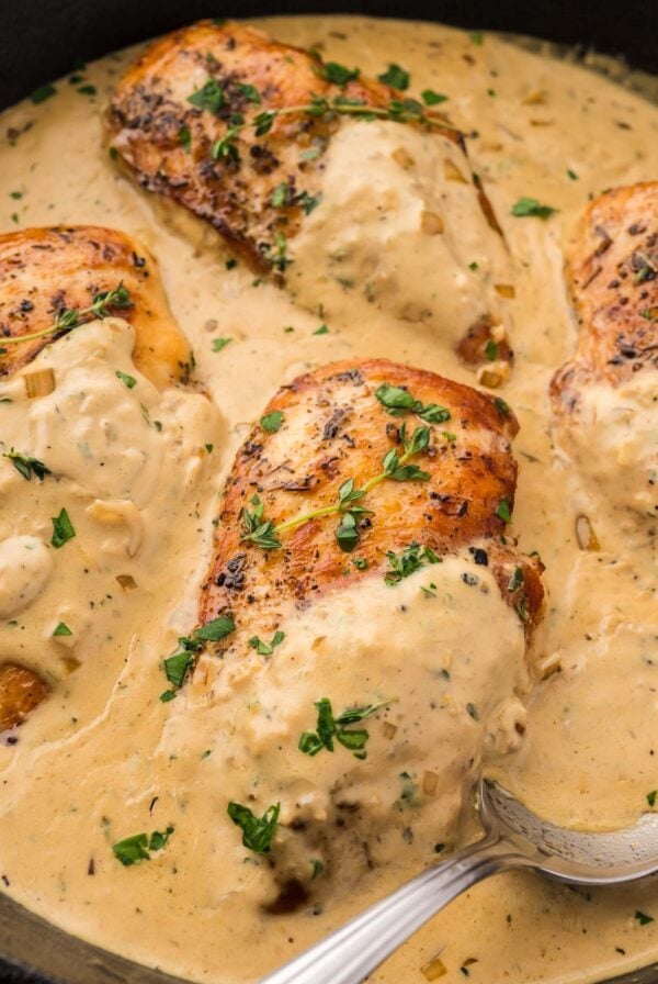 creamy Boursin chicken breasts in a skillet with fresh herbs on top.